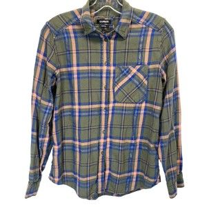 Express Woman Size XS Boyfriend Flannel Shirt Long Sleeve Button Up Gold Thread